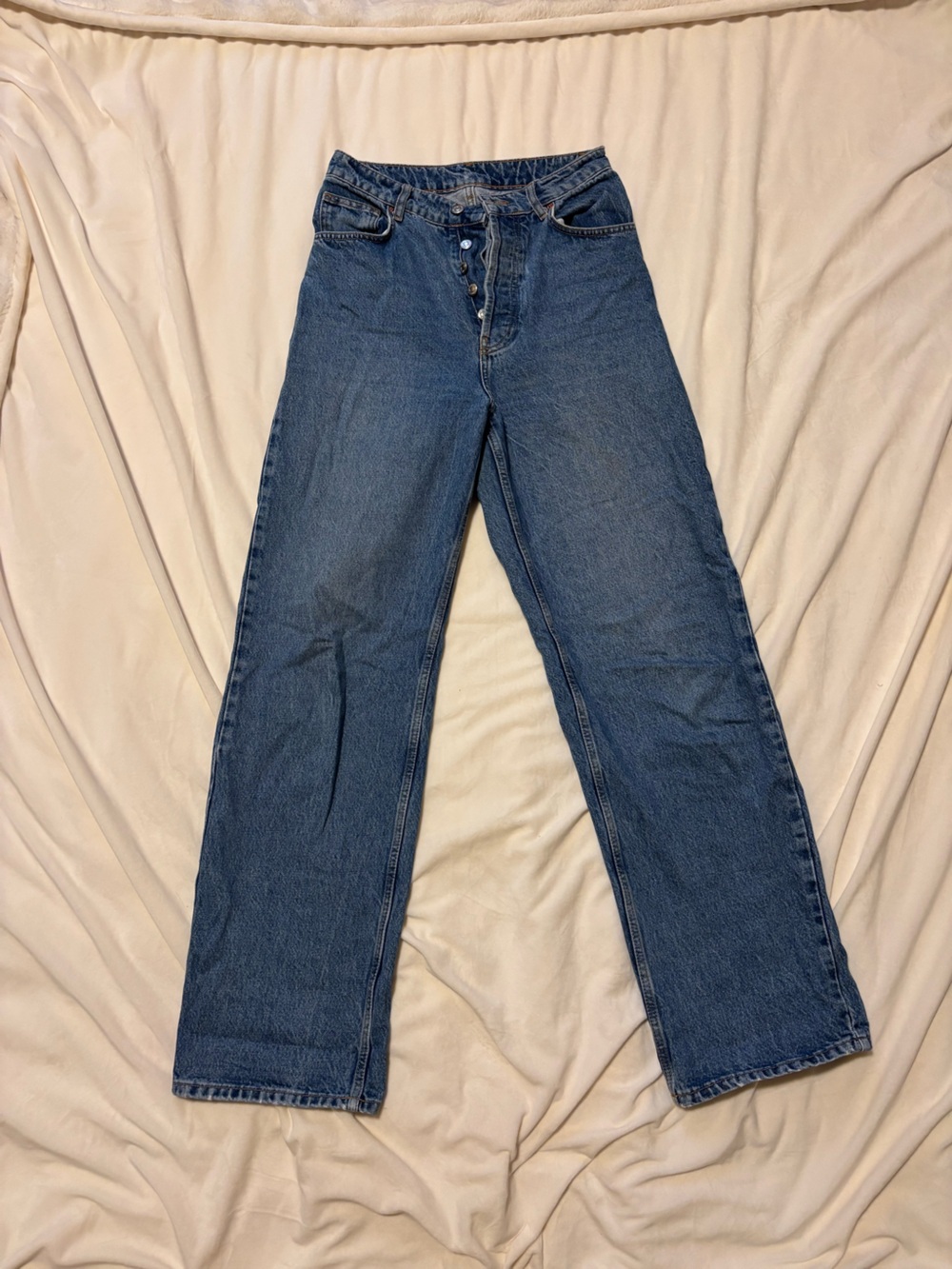Topshop High-Rise Button-Fly Straight Jeans in Blue Denim